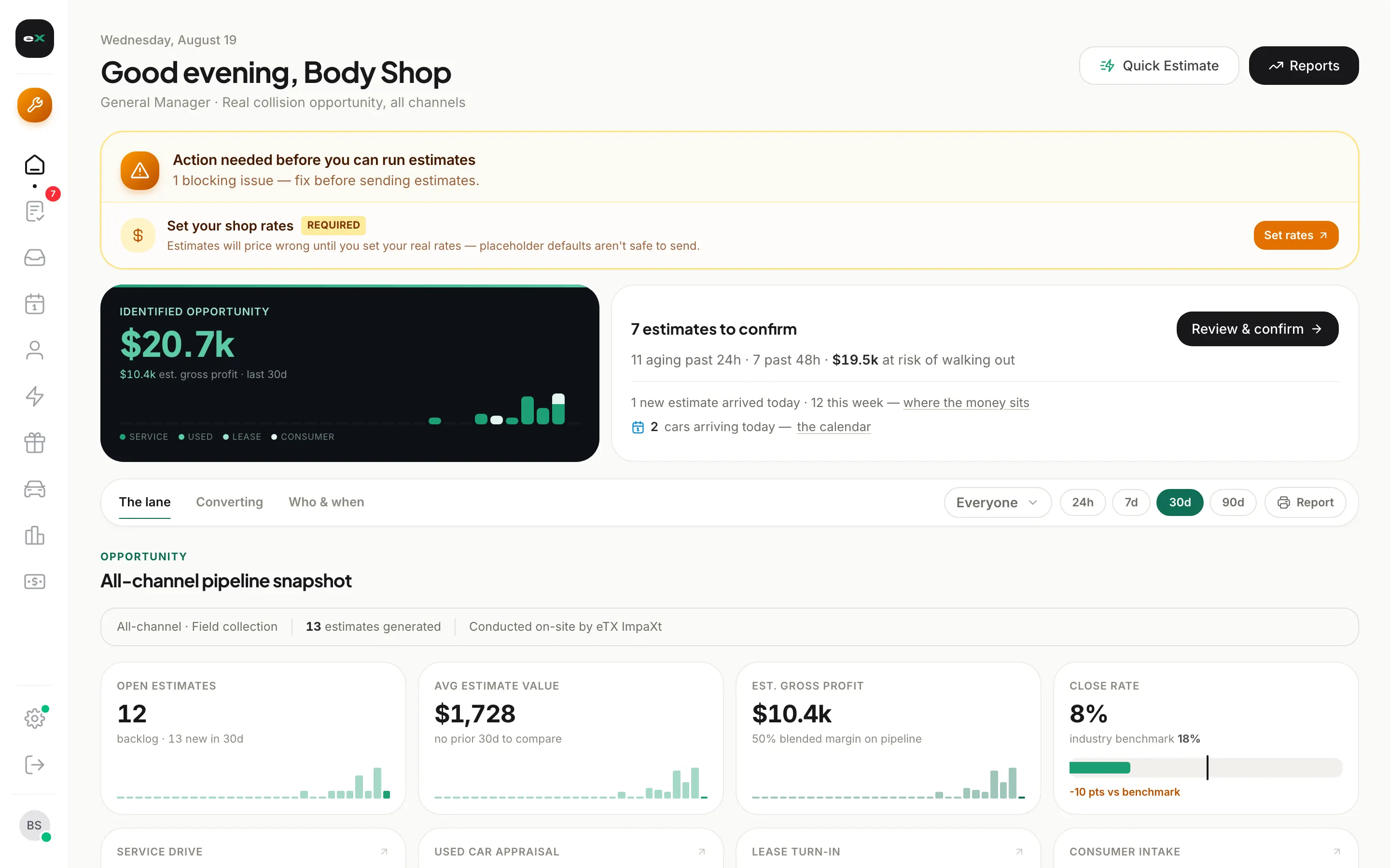 The body shop's landing: work to confirm, and the one button